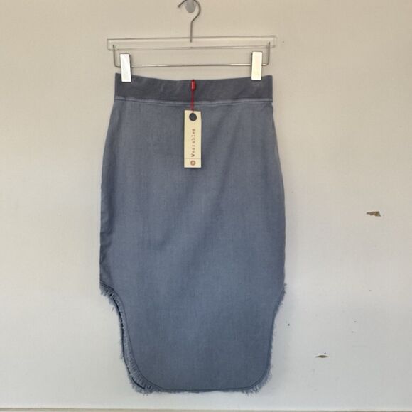 XCVI Wearables Harlowe High Cut Side Frayed Hem Midi Skirt Blue Gray Pull On XS - Picture 2 of 12